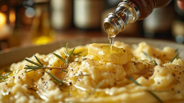 Closeup of creamy mashed potatoes with a lumpy and chunky texture topped with a pat of melting butter.