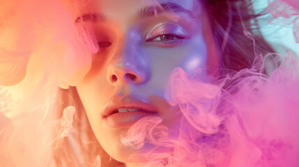 A girl with a pink and violet clothing and magenta eyelashes gazes intensely at the viewer, her face enveloped in swirling smoke, portraying a mysterious and alluring woman with a hint of danger
