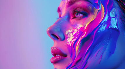 A vibrant portrait of a girl adorned with magenta and violet paint, accentuating her human face with bold eyelashes and a purple lip, creating a stunning work of art