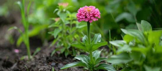 a pink flower is growing out of the ground in a garden . High quality