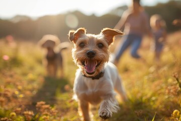 High-spirited terrier dog with ears flapping as it runs in a field, family in sunlight behind