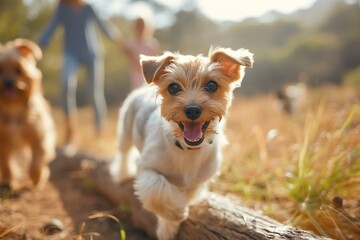 A joyful small terrier dog is seen in a sprint during golden hour with family in the background, portraying happiness
