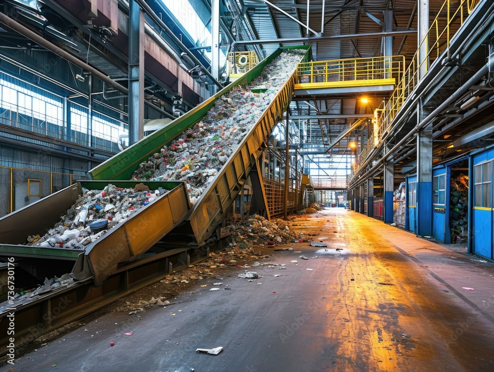 Poster A conveyor belt is moving through a factory. Generative AI.