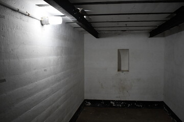 Bright white light in old military bunker.