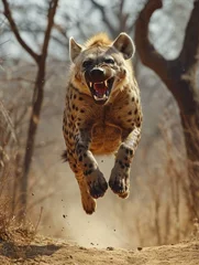Fotobehang A hyena is jumping in the air. Generative AI. © serg3d