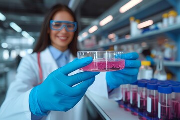 A smiling scientist holds out a petri dish filled with a pink solution, showcasing research findings in a lab