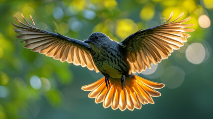 Obraz premium Closeup of a birds wings in midflight caught in a blur of feathers as it moves through the dense tree canopy.