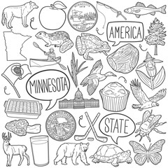 Minnesota Doodle Icons Black and White Line Art. USA State Clipart Hand Drawn Symbol Design. - obrazy, fototapety, plakaty