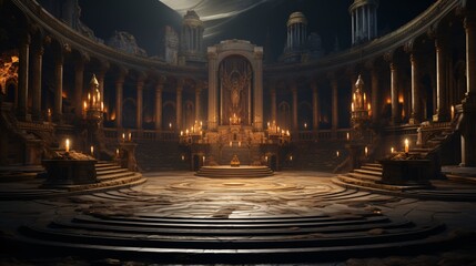 a large room with a throne and stairs - obrazy, fototapety, plakaty