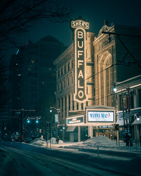 Sheas Buffalo Theatre on a snowy night in downtown Buffalo, New York