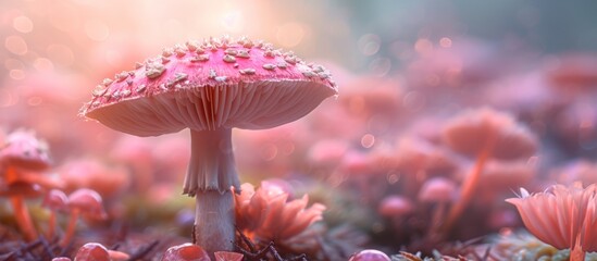 a pink mushroom is growing in a field of pink flowers . High quality - Powered by Adobe