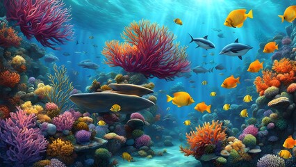 Fototapeta na wymiar Underwater Scene - Coral Reef, fish on Tropical Seabed Background.