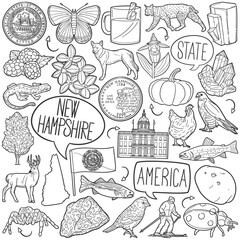 New Hampshire Doodle Icons Black and White Line Art. USA State Clipart Hand Drawn Symbol Design.