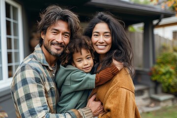 Multiracial family with a child smiling and hugging in front of their house, reflecting warmth and love