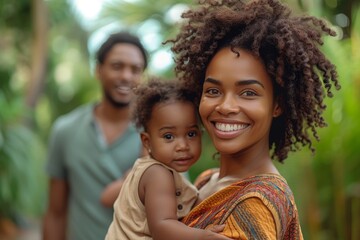 Fototapeta premium A joyous family of three enjoys quality time together with their cute toddler, reflecting wholesome values