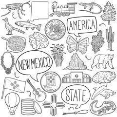 New Mexico Doodle Icons Black and White Line Art. USA State Clipart Hand Drawn Symbol Design.