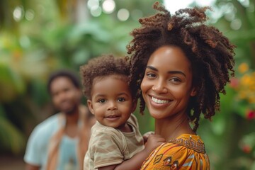 Fototapeta premium A candid portrait of a family with the mother holding her smiling toddler, depicting love and happiness