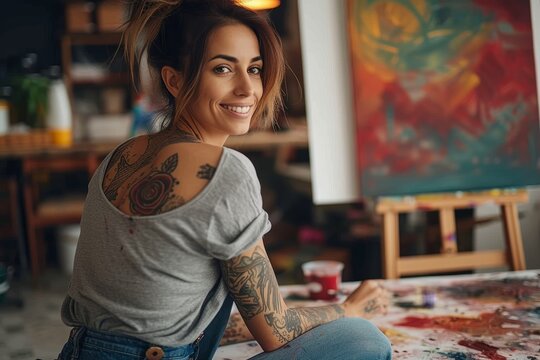 A tattooed woman with a beaming smile sits in her art studio surrounded by colorful paintings, inspiring creativity