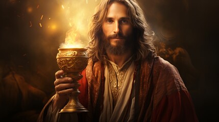 a man holding a gold cup with flames