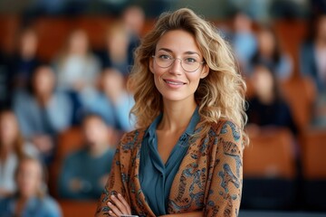Fototapeta premium An attractive woman with curly hair and glasses stands in a conference hall filled with attendees