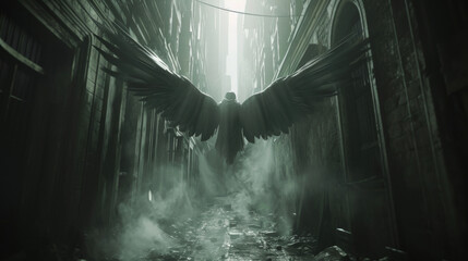 A winged figure with a skulllike visage hovers over a dark shadowy alleyway watching over the unsuspecting mortals below.