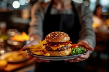 A well-presented meal, the image showcases a tasty burger with lettuce, tomato, cheese, and fries served on a plate by a waiter