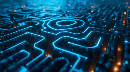 Obraz premium Abstract holographic interface in 3d algorithm maze concept. Vibrant blue neon color.