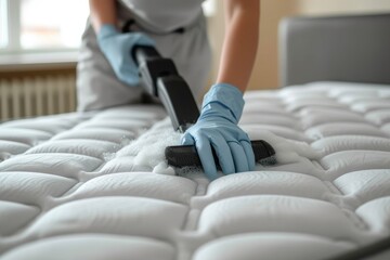 Detailed image of housekeeping staff cleaning a mattress using a vacuum cleaner to ensure hygiene - obrazy, fototapety, plakaty