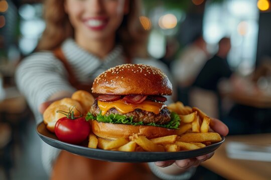 With hands presenting a gourmet burger and a side of fries on a plate, the image captures a delicious meal awaiting consumption