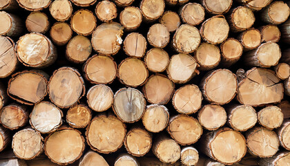 stack wood log wide background. natural wood log wall panoramic texture.