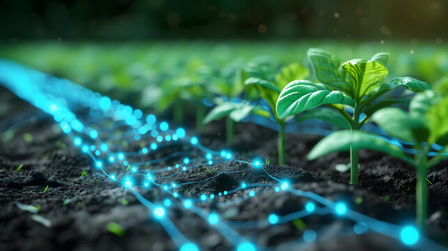 Hologram interface with the agricultural field. Future innovation technology for farming industrial and harvesting. Green vegetable farm with blue future elements network on ground.