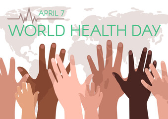 World Health Day. Horizontal banner with Diverse people's hands and map, with space for text. Vector flat illustration