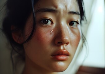 Beautiful girl with sad red eyes And there was a single tear rolling down my cheek, crying, closeup style