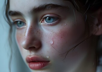 Beautiful girl with sad red eyes And there was a single tear rolling down my cheek, crying, closeup style