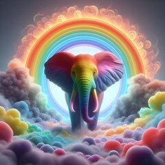Rainbow elephant surrounded by lacey fog.
