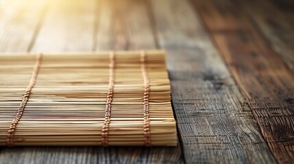 Zen-inspired bamboo mat resting on an aged wooden table conveying simplicity - obrazy, fototapety, plakaty