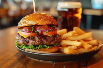 Close-up of a juicy cheeseburger with toppings and a generous portion of fries, paired with a cold beer