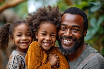 A charming photo of a father hugging his two children, all with bright smiles - obrazy, fototapety, plakaty