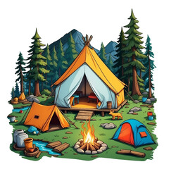 Camping tent with a tree and mountains in the background, logs around a campfire stove, campfire far from tent, sun in the sky, illustrate.