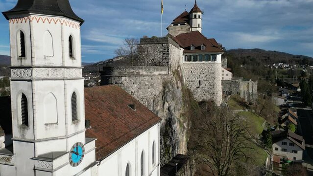 Aarburg Aargau Switzerland aerial slides by clock towers of castle