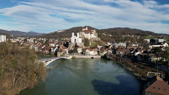 Aarburg Aargau Switzerland swirling river in front of castle slow approach flight
