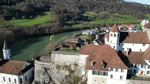 Aarburg Aargau Switzerland castle with village and river below rotating view