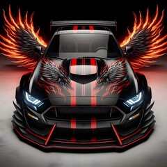 Car with hood of flaming wings, red and black, 3D rendering.