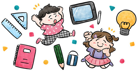 文房具・学習　子どものかわいい手描きイラスト素材