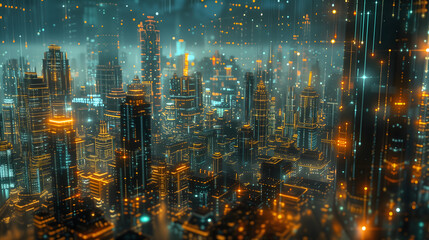Hologram interface concept with futuristic skyscraper building for technology and business presentation. High-rise buildings in a big city at night with vivid neon blue and orange lines to the sky.
