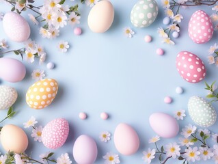 Fototapeta na wymiar Fundo fotográfico de páscoa com ovos coloridos e paleta em tons pasteis.