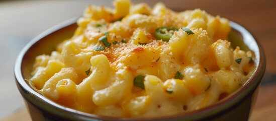 a close up of a bowl of macaroni and cheese on a table . High quality