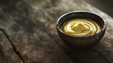 Close-up view of luscious mustard in a rustic bowl on a wooden table