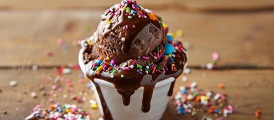 A delightful dessert of chocolate ice cream topped with colorful sprinkles and chocolate sauce, served on a rustic wooden table
