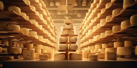 Cheese production cheese heads on the shelves in large quantities  - obrazy, fototapety, plakaty